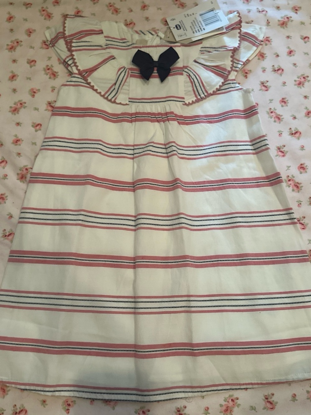 chicco White and Pink Striped Dress with Navy Bow